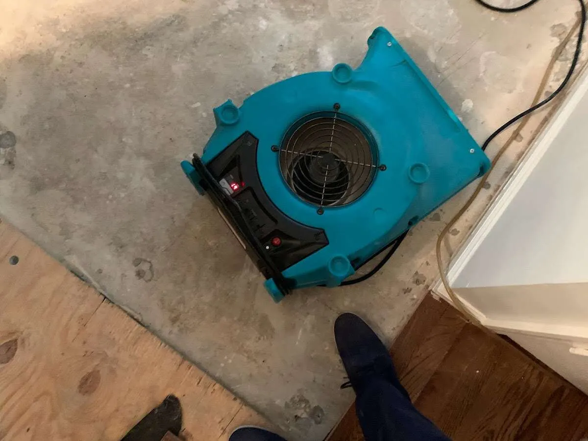 Air mover drying subfloor during Leak Detection & Repair in Tualatin